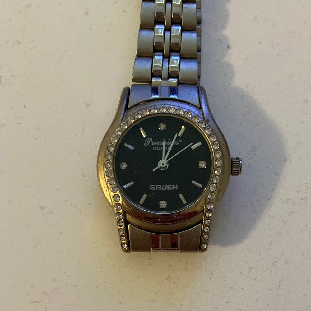 Gruen Silver Watch with Crystal Accents